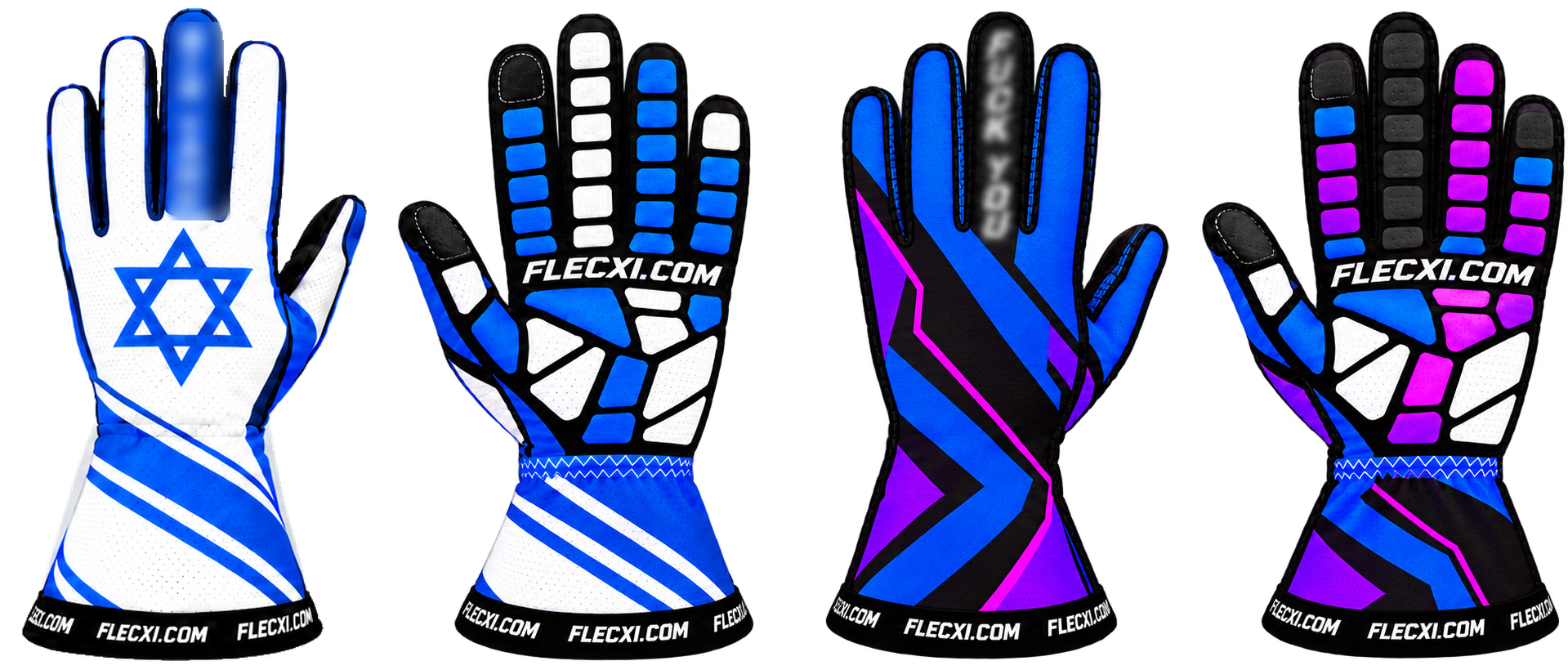 Soft-focus sneak peek of blue-white and blue-purple Flecxi sim racing gloves